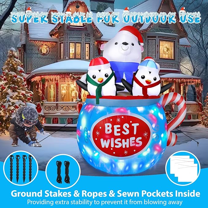 6FT Christmas Inflatables Outdoor Decs, Inflatable Polar Bear and Penguins in The Cup, Built-in Colorful LED Light, Blow Up Yard Decor for Lawn Garden Indoor Xmas Party, for Him, Her