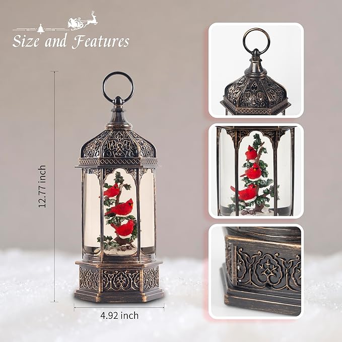 12.8" Christmas Snow Globe Lantern Christmas Decorations Indoor with Swirling Glitter Three Cardinals in The Tree, Lighted Musical Snow Globes for Home Decoration USB Powered or Battery Operated