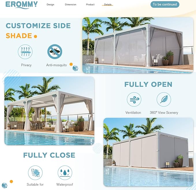 EROMMY Louvered Pergola 10' x 20' Outdoor Hard Top Pergola with Aluminum Frame and Adjustable Metal Rainproof Roof for Garden & Patio, Curtains and Netting Included, White
