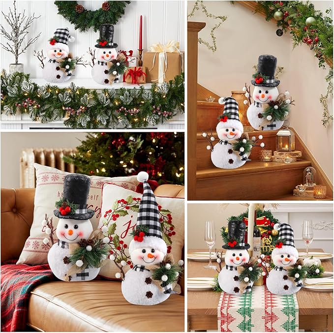 Black and White Plaid Snowman Decor (2-Piece Set) - Winter Christmas Plush Dolls for Tiered Tray, Mantel, or Tabletop Display, Indoor Home Decor