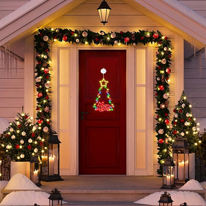 2Packs 14in Christmas Decorations Tree LED Lights with Timer, Battery Operated Christmas Tree Window Silhouette Lights Decorations, Christmas Wall Window Hanging Lights for Indoor Outdoor