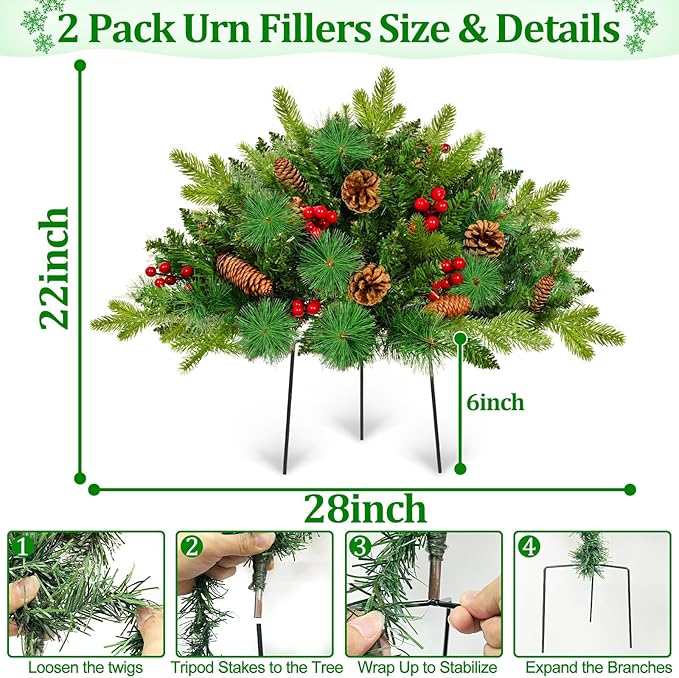 2 Pack Christmas Tree Urn Fillers, 8 Mode Timer 40 Warm&Colorful Change Lights with 3 Styles Branches Pine Cones and Berry, Battery Powered Outdoor Christmas Trees Decor for Porch Driveway Yard