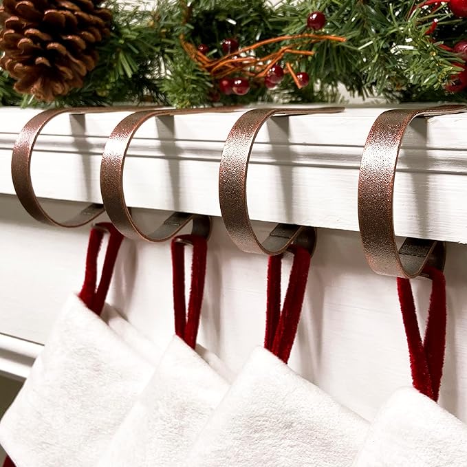 Haute Decor The Original MantleClip Stocking Holder - 4 Pack (Weathered Bronze) - Hang Christmas Stockings Safely and Securely