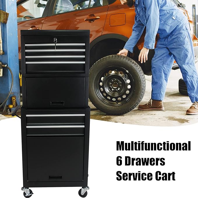 RYH 6 Drawers Rolling Tool Chest & Tool Box on Wheels | Heavy Duty Metal Cart with Ball Bearing Drawers | Fits US General Tool Box for Garage Storage (Black, 6 Drawers 3 in 1/51.99 H ¡¿ 20.87 W)