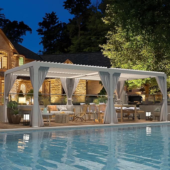 EROMMY Louvered Pergola 12' x 20' Outdoor Hard Top Pergola with Aluminum Frame and Adjustable Metal Rainproof Roof for Garden & Patio, Curtains and Netting Included, White