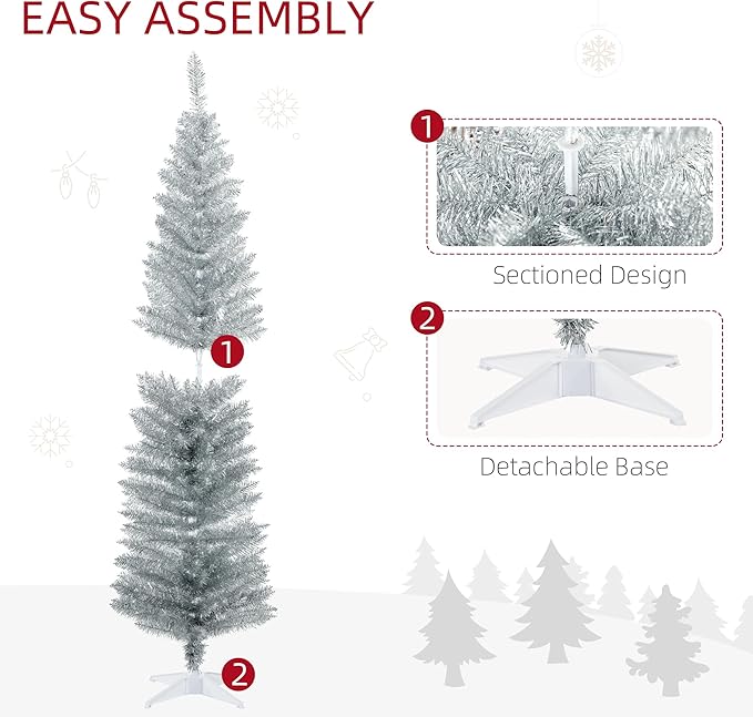 HOMCOM 6' Artificial Pencil Christmas Tree, Slim Xmas Tree with 390 Realistic Branch Tips and Plastic Stand, Silver