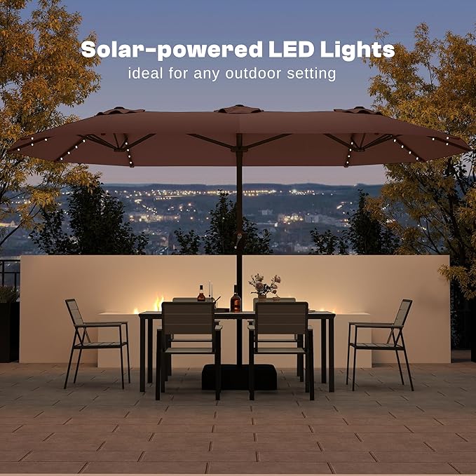 13FT Double-Sided Patio Umbrella with 48 Solar LED Lights, Large Rectangular Outdoor Market Umbrella with Crank Handle, Vented Canopy, Heavy-Duty 12 Rib Steel Frame, for Backyard, Garden, Pool, Brown