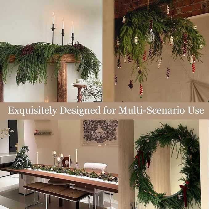 6 Ft 2 Pcs Artificial Norfolk Pine Garlands, Realistic Pine Garland, Green Artificial Greenery Garland for Table, Mantle, Wall, Indoor, Outdoor Winter Christmas Decorations