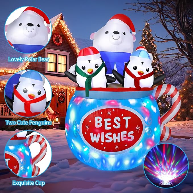 6FT Christmas Inflatables Outdoor Decs, Inflatable Polar Bear and Penguins in The Cup, Built-in Colorful LED Light, Blow Up Yard Decor for Lawn Garden Indoor Xmas Party, for Him, Her