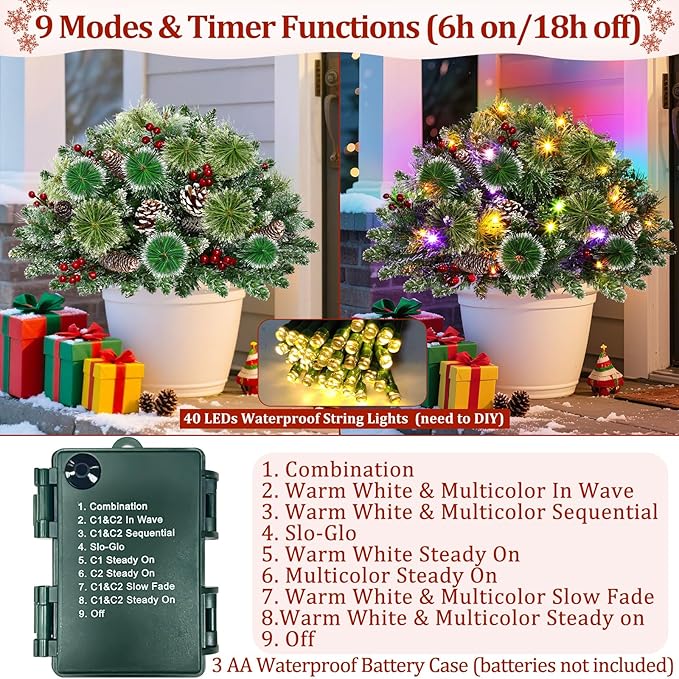 Set of 2 24" Christmas Tree Urn Filler, Prelit 8 Mode Timer 40 LED Lights Xmas Flocked Tree for Porch Driveway Yard