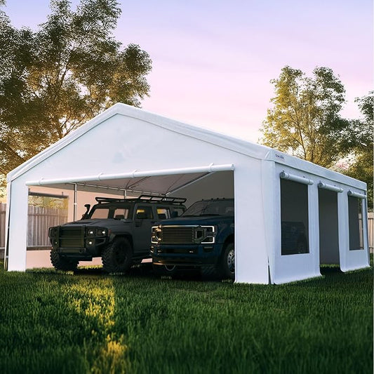 Quictent 20x20 ft Heavy Duty 2 Car Carports with Side Zipper Doors & Snowproof Steel Cables & Ventilated Windows, Waterproof Storage Shelter for Car, Boat, Outdoor Equipment, Gray