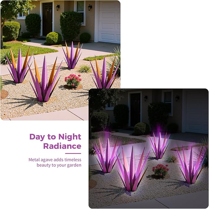 24” Large Solar Metal Agave Plants Outdoor Decor, Tequila Rustic Sculpture Outdoor Statues, Garden Sculpture for Patio Path Courtyard and Lawn (Vintage Purple-Solar Light)