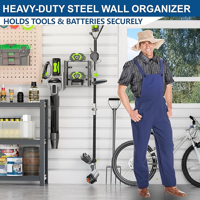 Pugala Universal Storage Rack for Leaf Blower, Weed Eater, and Power Tools ? Adjustable Wall Mount Organizer with Heavy-Duty Steel, Powder-Coated Finish, and Battery Storage ? Black