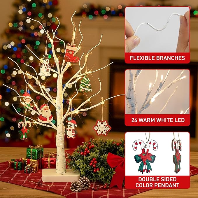 EAMBRITE Lighted Birch Tree with Christmas Ornaments, 2 Pack Small Christmas Trees with Led Lights, White Twinkling Tree Decorations Tabletop Centerpieces for Home Table Bedroom Indoor Decor (22inch)
