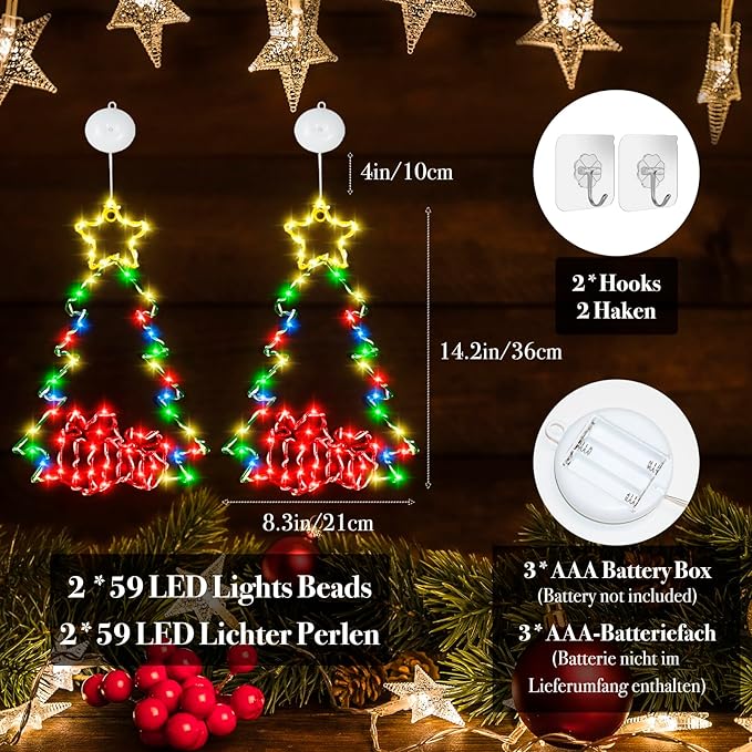 2Packs 14in Christmas Decorations Tree LED Lights with Timer, Battery Operated Christmas Tree Window Silhouette Lights Decorations, Christmas Wall Window Hanging Lights for Indoor Outdoor