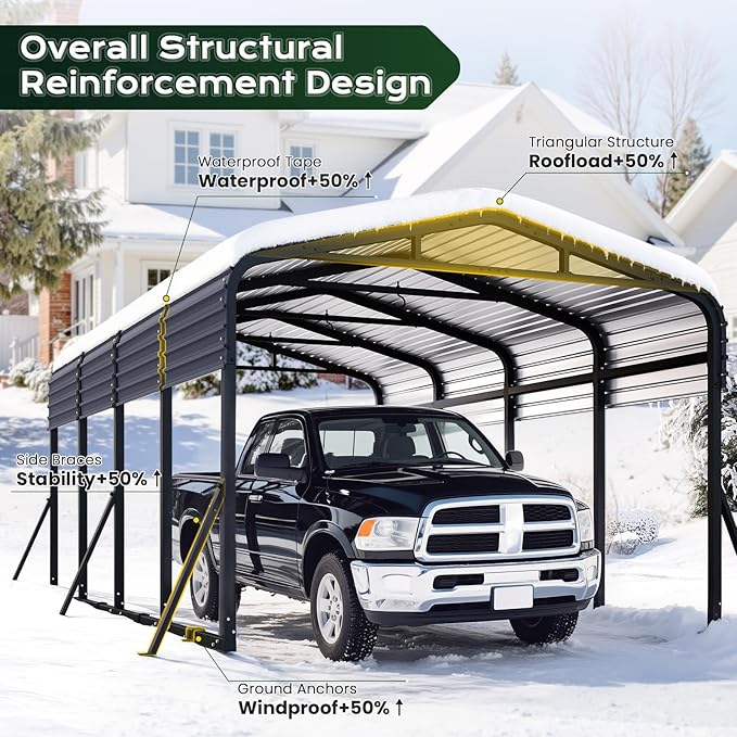 12x20FT Metal Carport, Heavy Duty Car Garage w/Reinforced Support Rods and Windproof Ground Anchors, All-Weather Multi-Use Outdoor Shelter for Car, Boats and Truck