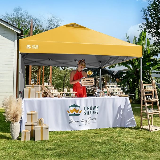 CROWN SHADES 10x10 Pop Up Canopy with 1 Side Wall - Beach Tent with One Push Setup - Outdoor Sun Shade for Events, Parties, Camping - Gazebo with STO-N-Go Cover Bag (Yellow)
