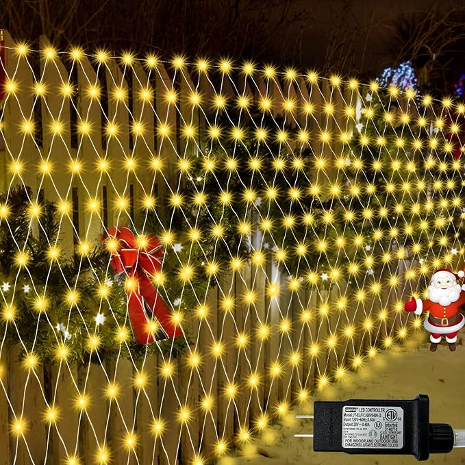 510 LED Christmas Net Lights, 27.9ft x 5ft Mesh Lights Outdoor Clear Wire 8 modes, Waterproof Connectable String Lights Plug in for Xmas Tree Bushes Garden Holiday Party Decorations - Warm White