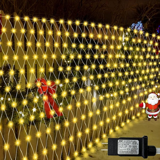 510 LED Christmas Net Lights, 27.9ft x 5ft Mesh Lights Outdoor Clear Wire 8 modes, Waterproof Connectable String Lights Plug in for Xmas Tree Bushes Garden Holiday Party Decorations - Warm White