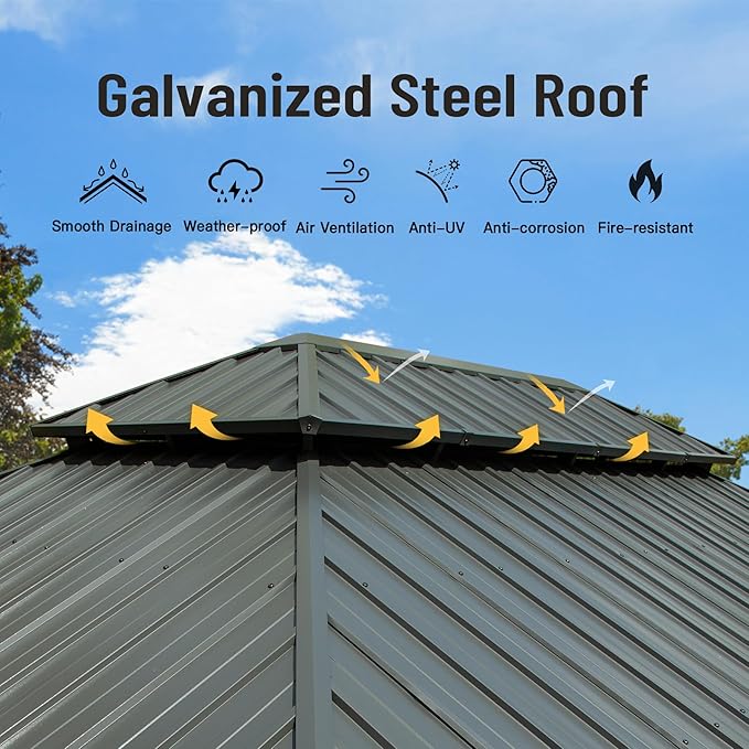 Domi Hardtop Gazebo 12x18FT, Aluminum Metal Gazebo with Galvanized Steel Double Roof Canopy, Curtain and Netting, Permanent Gazebo Pavilion for Patio, Backyard, Deck and Lawn, Grey