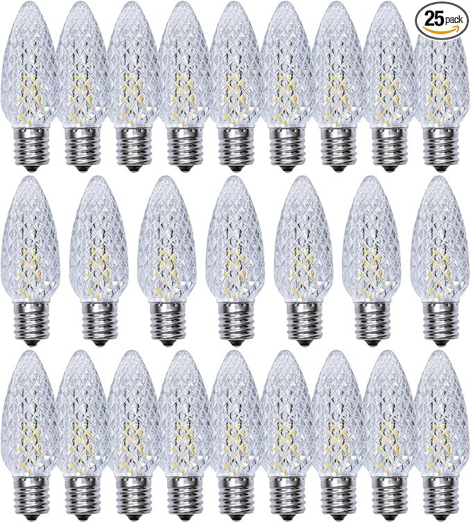 C9 Christmas Light Bulbs 25 Pack, Shatterproof Replacement LED Bulb, 2700K Warm White Fairy Lights for Indoor and Outdoor Holiday Decoration, E17 Base