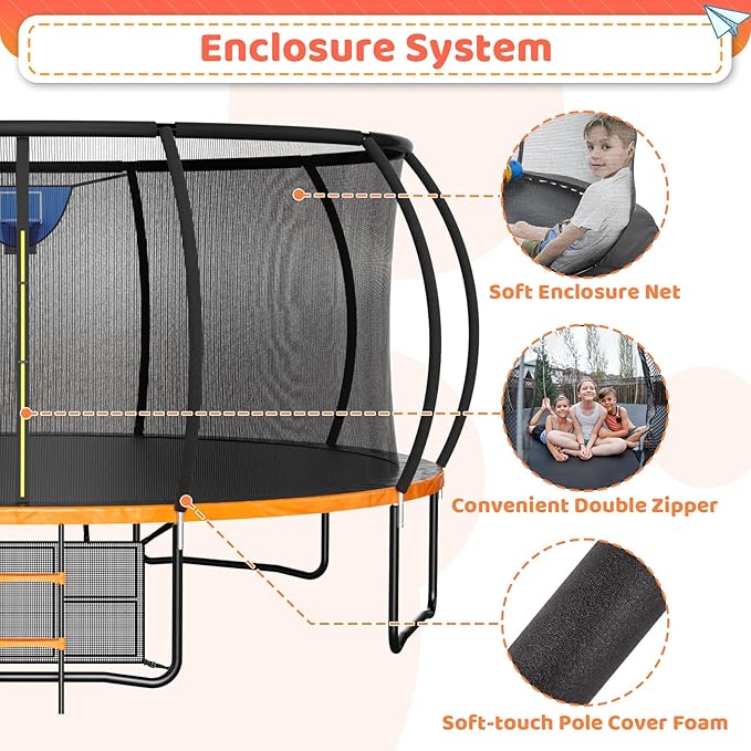 8FT 10FT 12FT 14FT 16FT Trampoline Outdoor, Trampolines for Kids & Adults, Pumpkin Trampolines with Safety Net, Ladder, Coating Metal Frame, ASTM Approved Large Backyard Trampoline for Kids