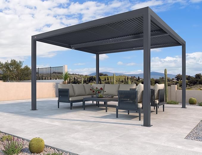 PURPLE LEAF 10' x 12' Louvered Pergola 94AS Small Aluminum Pergola with Adjustable Louvered Roof Outdoor Hard Top for Patio and Deck Dark Gray Gazebo