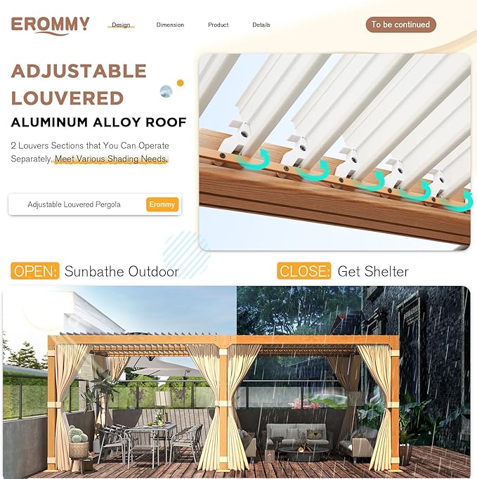 EROMMY Louvered Pergola 12' x 20' Outdoor Hard Top Gazebo with Wooden Grain Aluminum Frame and Adjustable Metal Rainproof Roof for Garden & Patio, Curtains and Netting Included, Wood Grain