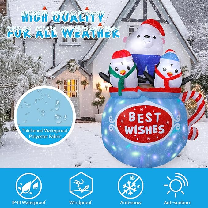 6FT Christmas Inflatables Outdoor Decs, Inflatable Polar Bear and Penguins in The Cup, Built-in Colorful LED Light, Blow Up Yard Decor for Lawn Garden Indoor Xmas Party, for Him, Her