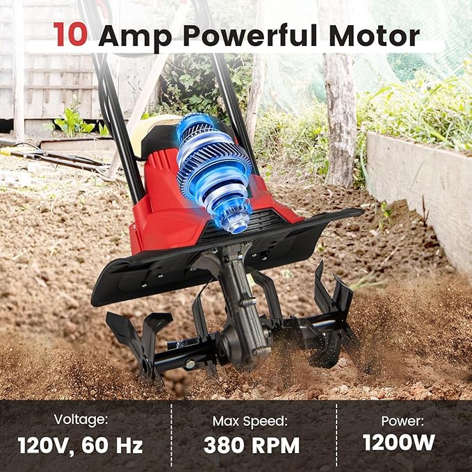 Goplus Corded Electric Tiller Cultivator, 10 Amp Powerful Foldable Garden Rototiller w/ 14 Inch Tilling Width & 9 Inch Working Depth, Safety Lock, Gardening Machine for Lawn Soil Digging