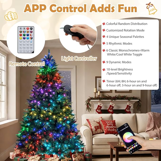 GOFLAME 7FT Pre-lit Artificial Christmas Tree, Hinged Xmas Tree with Remote and App Control, 500 Color & Mode Changing RGB Lights, Timer, 1436 Branch Tips, Pine Cones and Red Berries