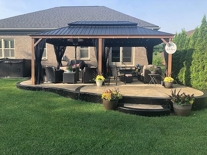 PURPLE LEAF 12' X 18' Outdoor Hardtop Gazebo for Patio Galvanized Steel Double Roof Permanent Canopy Teak Finish Coated Aluminum Frame Pavilion Gazebo with Netting