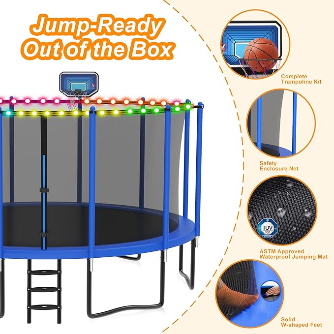 DeepRoar 2026 Upgraded 8FT 10FT 12FT 14FT 15FT 16FT Outdoor Tranpoline for Kids, Big tranpoline with Basketball Hoop, Lights, Sprinkler & Socks, Heavy Duty tranpoline 1500LB, ASTM Approved Tranpoing