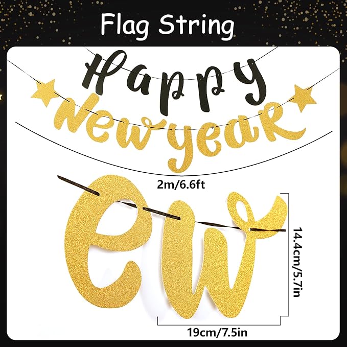 14 Pcs 2026 New Years Eve Party Supplies, with Pre-strung Happy New Year Banner, Hanging Paper Fans 2026 New Years Eve Decorations, Black and Gold Hanging Decor for Happy New Year Party