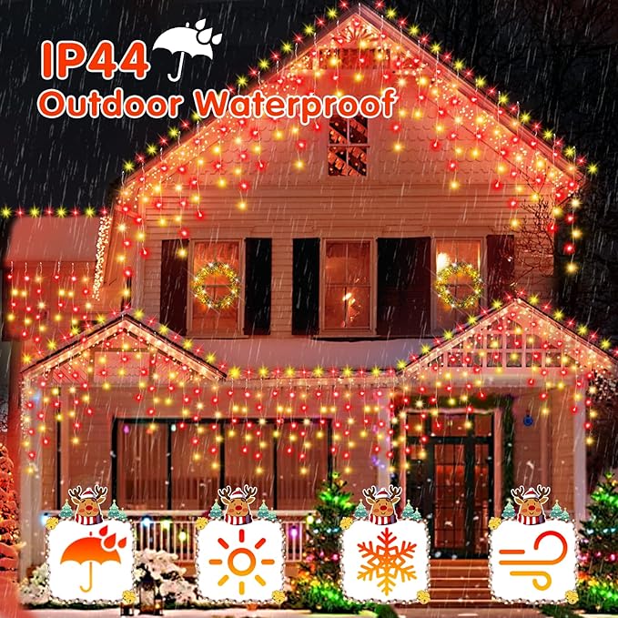 49ft 480LED Outdoor Waterproof String Lights with 8 Modes Timer - Curtain Lights for Outdoor House, Wedding, Holiday & Christmas Decorations - Red & Warm White