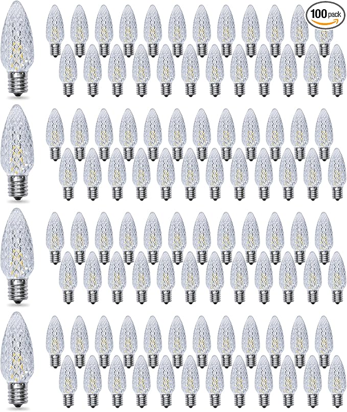 C9 Christmas Light Bulbs 100 Pack, Shatterproof Replacement LED Bulb, 2700K Warm White Fairy Lights for Indoor and Outdoor Holiday Decoration, E17 Base