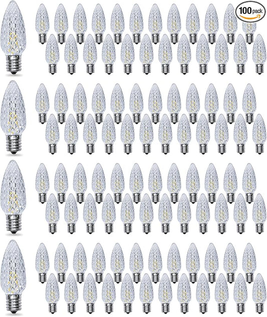 C9 Christmas Light Bulbs 100 Pack, Shatterproof Replacement LED Bulb, 2700K Warm White Fairy Lights for Indoor and Outdoor Holiday Decoration, E17 Base
