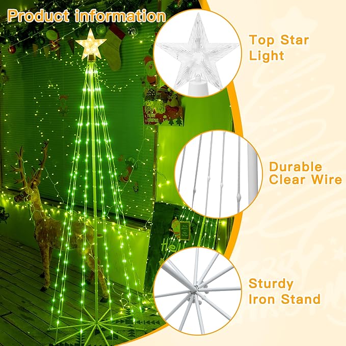 Ollny Christmas Tree Lights, 6FT 170 LED Warm White and Green Outdoor String Lights 8 Modes Timer Function IP65 Waterproof Star Light for Indoor Outside House Yard Xmas Decorations