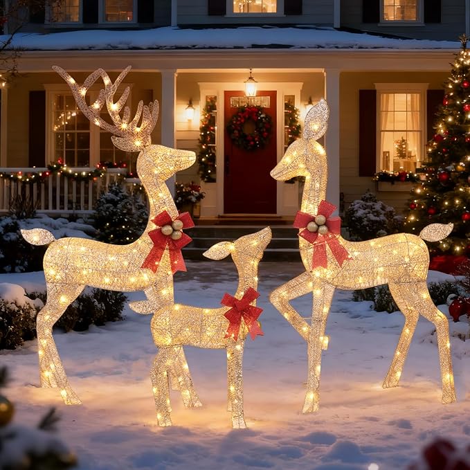 3-Piece Lighted Christmas Deer Family - HOLILITE 4.5ft 3D Pre-Lit Reindeer Outdoor Decorations with 210 LED Lights, Yard/Garden/Patio Holiday Display - Gold