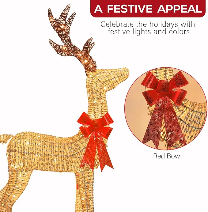Hykolity 4.5 FT 3D Lighted Outdoor Christmas Deer Family Set, 3- Piece Christmas Reindeers with 230 Warm White LED Lights, Yard Decoration with Stakes, Zip Ties, Gold