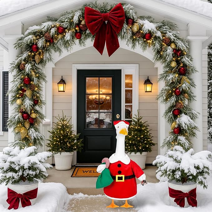 Christmas Santa Porch Goose Outfits Christmas Lawn Goose Clothes Fits 23" Cement Plastic Goose Statue for Xmas Outdoor Garden Yard Patio Art Decoration