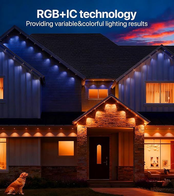 Permanent Outdoor Lights for House: 100FT RGB+IC LED Eave Light with Smart APP & Remote Control, 72 Scene Modes, IP65 Waterproof String Lights-Party, Christmas Decoration(Extension Cord Not Included)