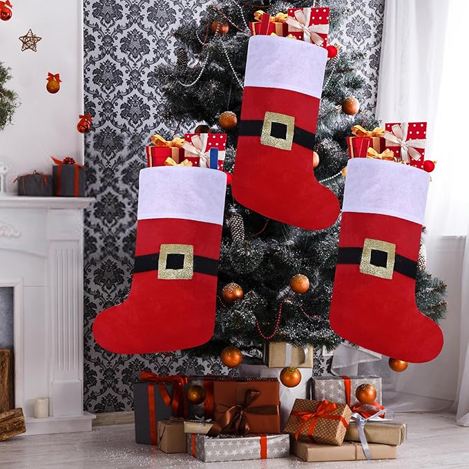 12 Pack Felt Christmas Stockings with Buckle, 19 Inches Red and White Christmas Stockings Hanging Ornaments, White Cuff with Buckle Christmas Stocking for Family Christmas Holiday Decorations