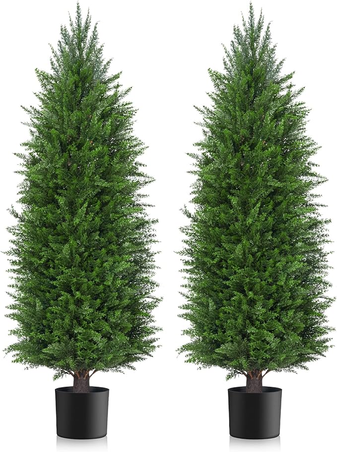 4FT Artificial Topiary Cedar Plants Outdoor, Faux Pine Trees UV Resistant and Potted, 48 Inch Tall Fake Shrubs Evergreen for Front Porch Decor Set of 2