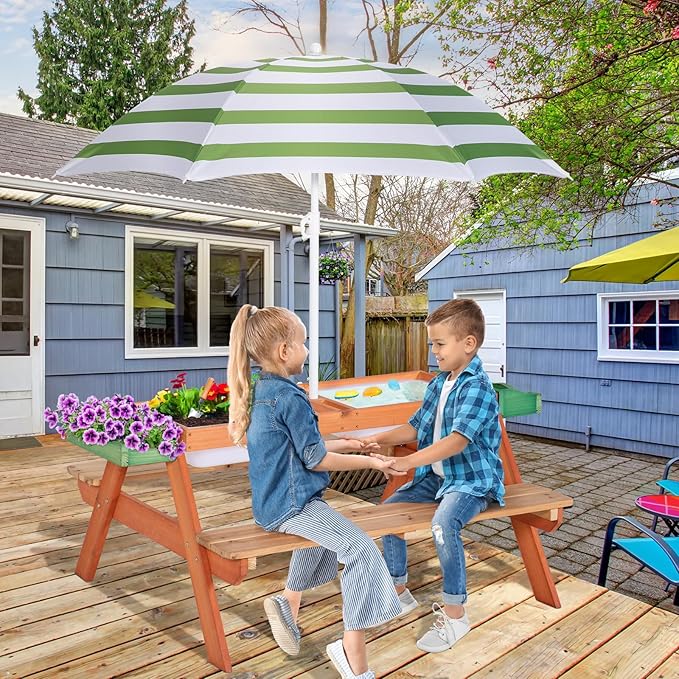 Kids Picnic Table, Outdoor Wooden Table w/Adjustable Umbrella & Garden Bed, 4-in-1 Sand & Water Activity Table w/Built-in Bench & Removable Boxes, Patio, Backyard