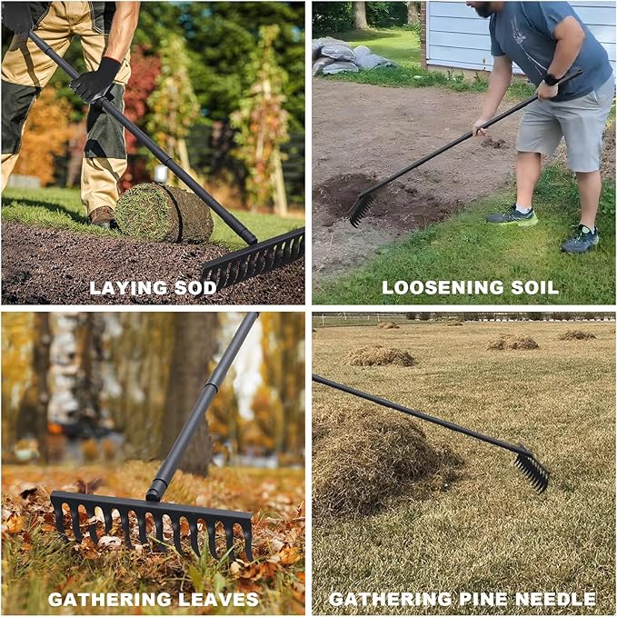 Pragmatist Bow Rake Heavy Duty 60 Metal Head Garden Rake with Adjustable Stainless Steel Handle Garden Tool for Loosening Soil Leveling Mulch Gathering Leaf