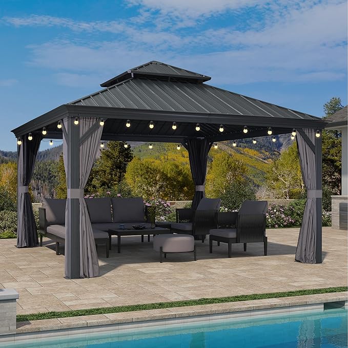 PURPLE LEAF 13' X 13' Gazebo with Light Galvanized Steel Hardtop Roof Patio Gazebo for Outdoor Lawn and Garden Permanent Pavilion Grey