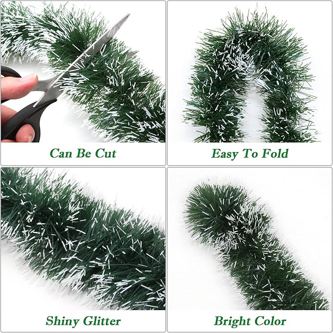 50 Ft Green Christmas Tinsel Garland Metallic Twist Shiny Hanging Garland Decorations for Christmas Tree, Xmas Decor for Holiday Home Party Supplies Indoor Outdoor Decoration