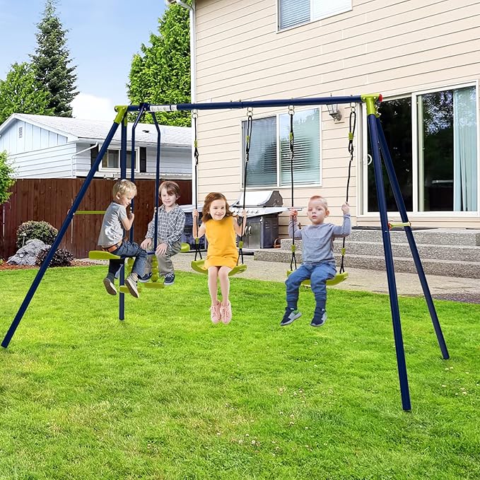 Costzon 440 lbs Swing Set for Backyard, 2-in-1 Heavy Duty Extra Large Metal Swing Frame with 2 Swings, Glider, Adjustable Hanging Ropes, Outdoor Playground Play Equipment, Swing Stand for Kids