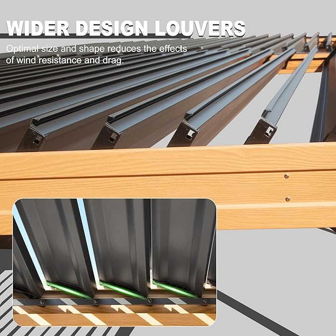 10’ x 20’ Louvered Pergola, Outdoor Pergola Aluminum Frame with Adjustable Rainproof Metal Roof, Permanent Sun Shade with Drainage System for Backyard, Garden and Lawn (Wooden Grain)